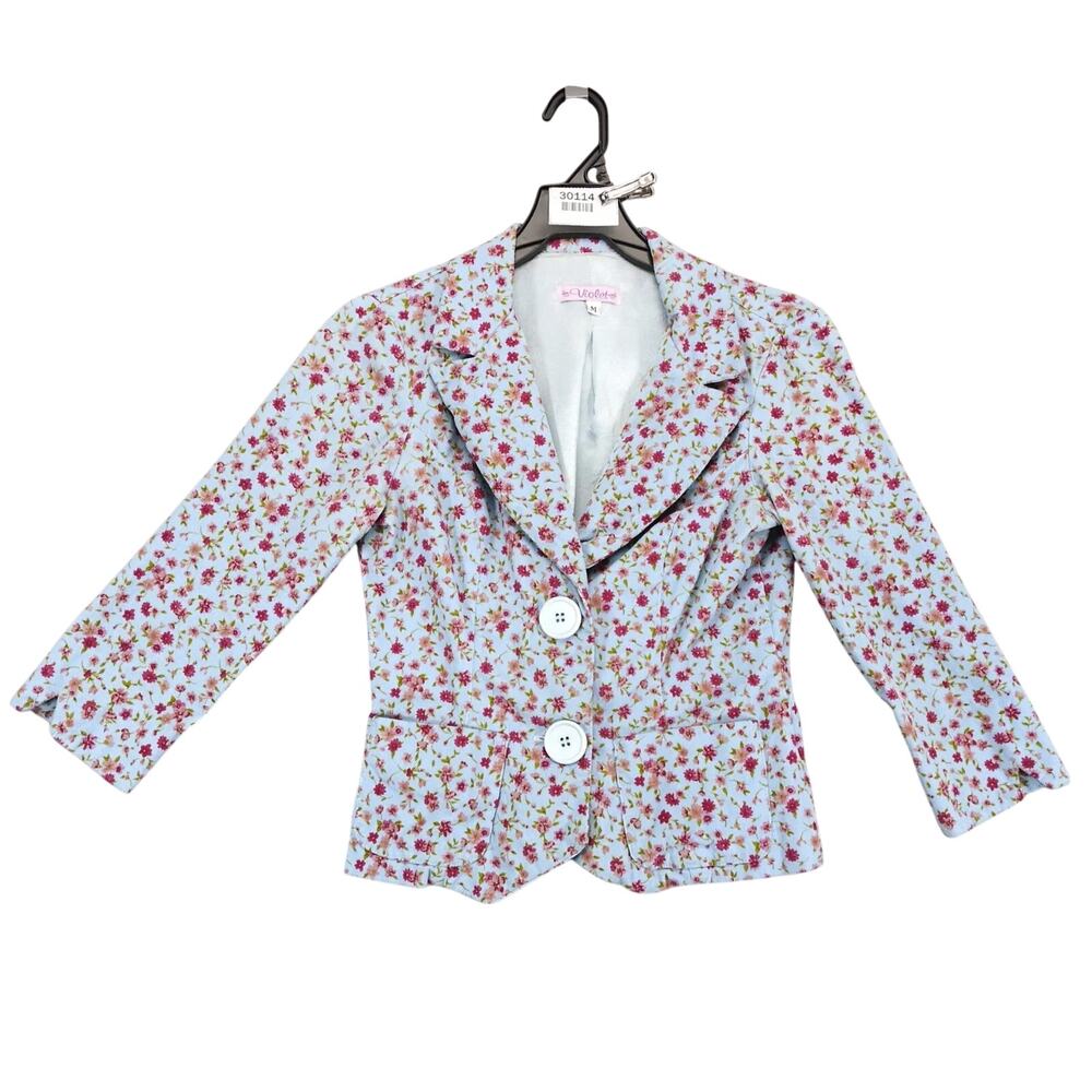 Vtg 90s Violet Blue Floral Corduroy Women's M Blazer Jacket Made USA Cottagecore